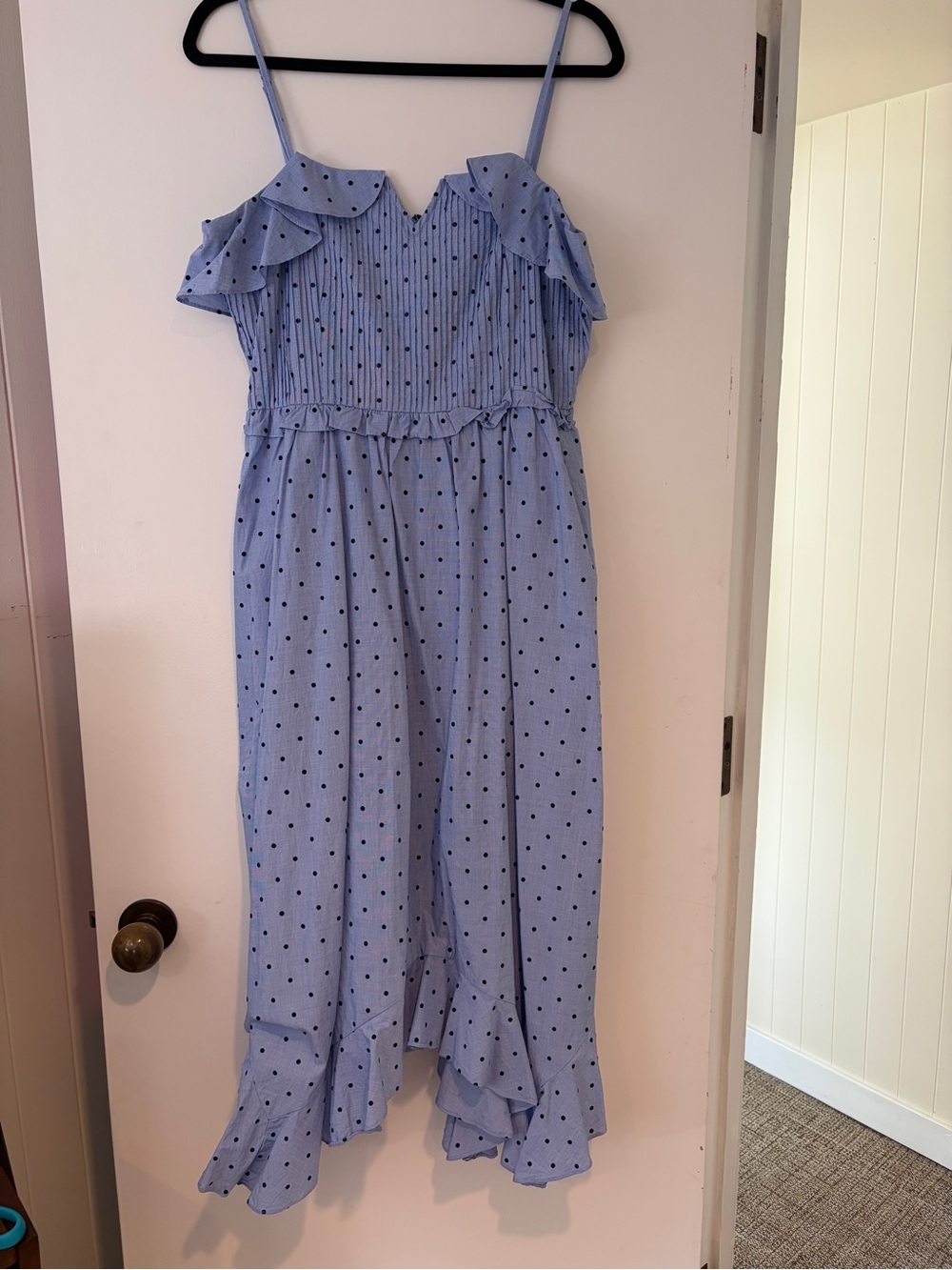 Tularosa Light Blue Polka Dot Ruffle Strap Dress
